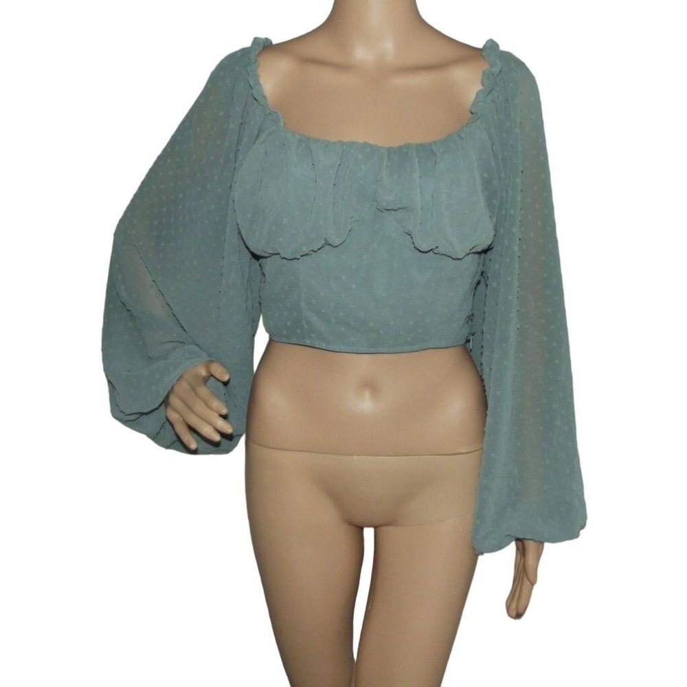 Shein M Green Lightweight Summer Crop Top square neck long balloon sleeves voile